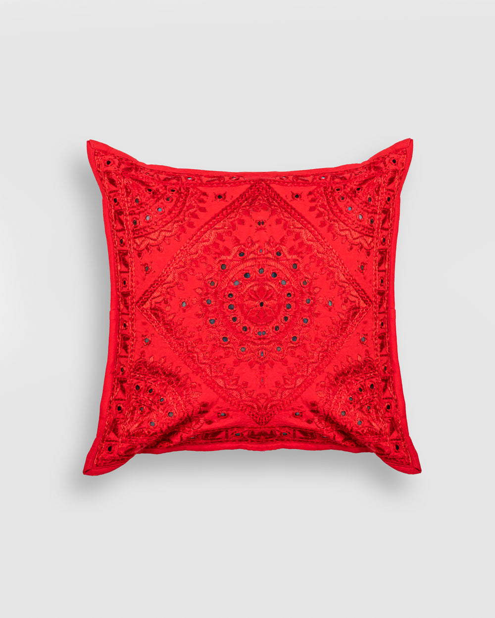 Cushion Cover Heavy Embroidery & Mirror-work, Red