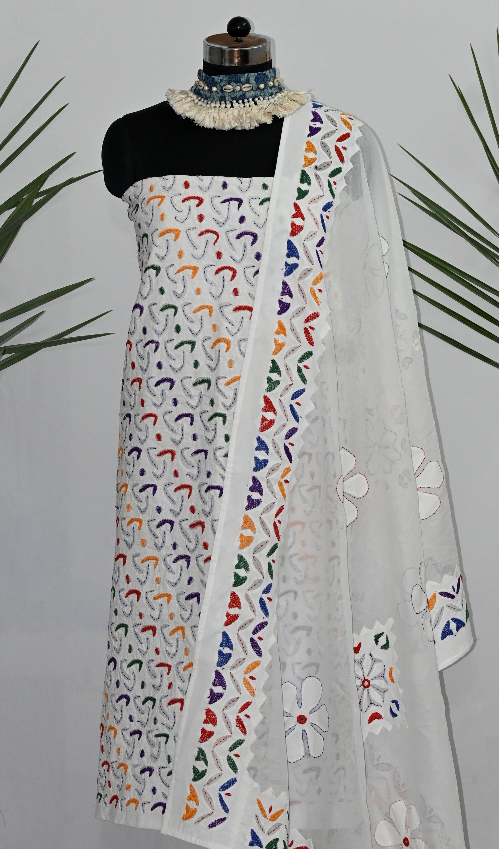 Kurta Fabric Applique Laher Khuddi Design, 2 Piece Cotton Set with Tie and Dye Dupatta