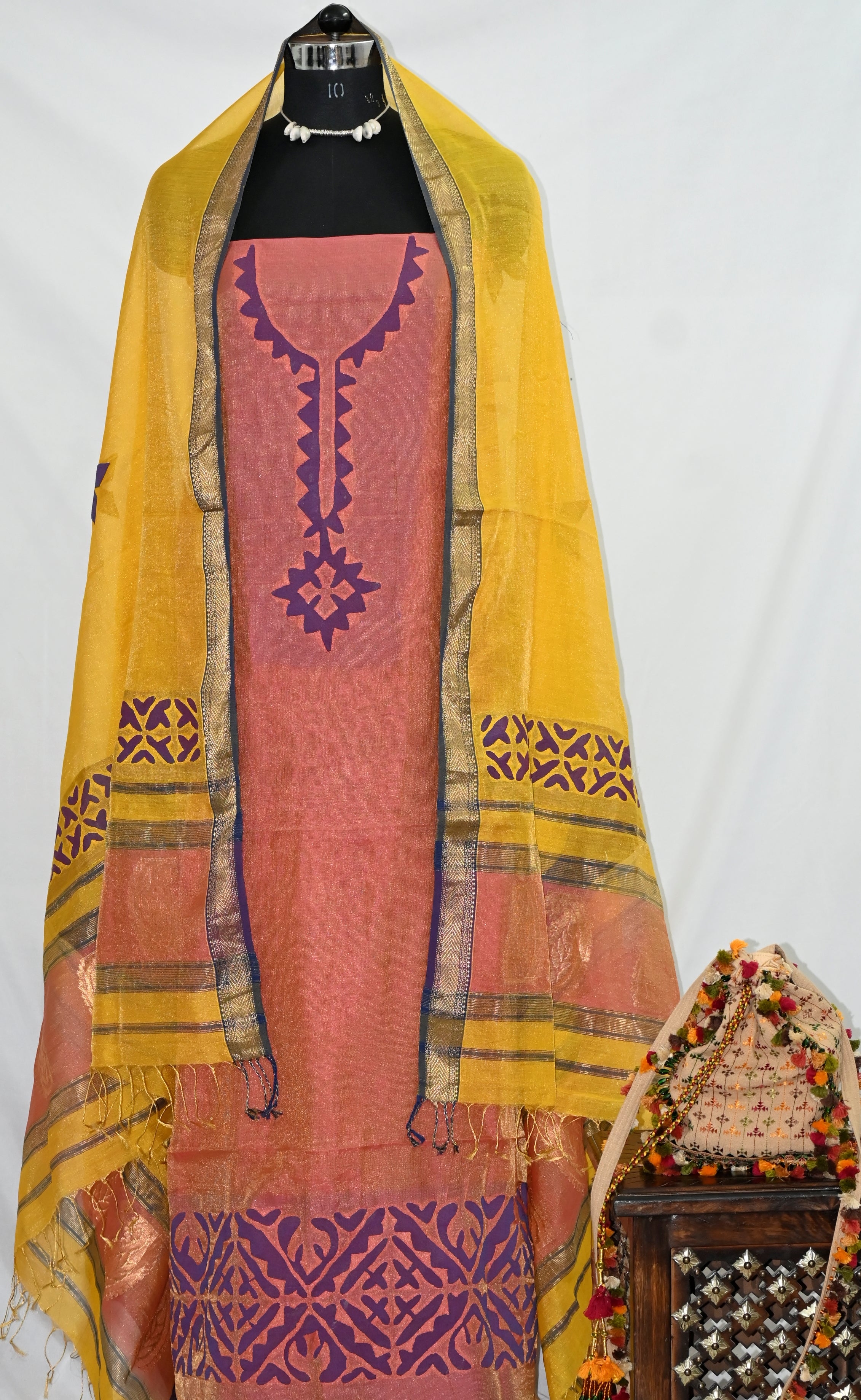 Kurta Fabric Applique Diamond Kungri, 2 Piece Tissue Maheshwari Silk Set with Dupatta