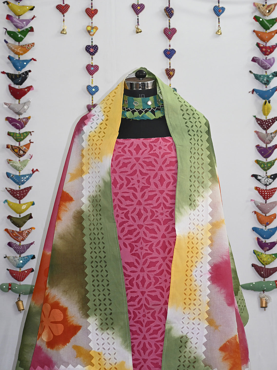 Kurta Fabric Applique Ankuddiya Design, 3 Piece Cotton Set with Tie and Dye Dupatta