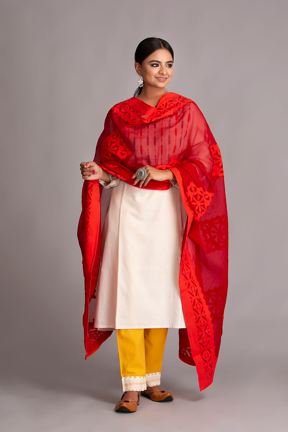 Duppatta Diamond Applique Cotton with Long Box Khuddi Design Border, Red