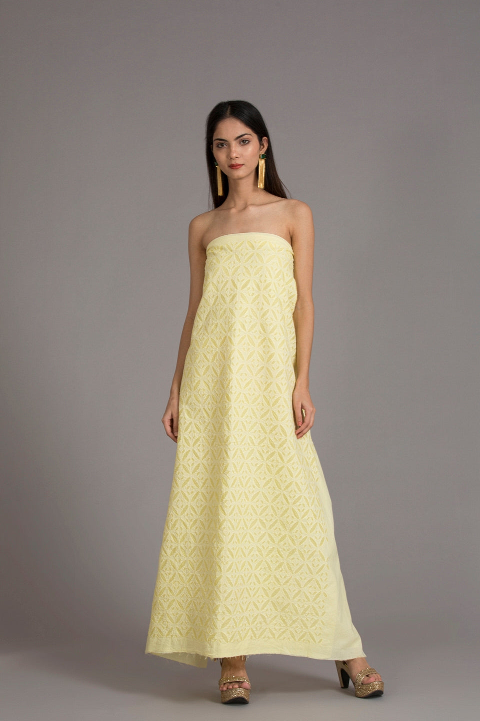 Kurta Fabric Applique Long Box Khuddi Design, Lemon