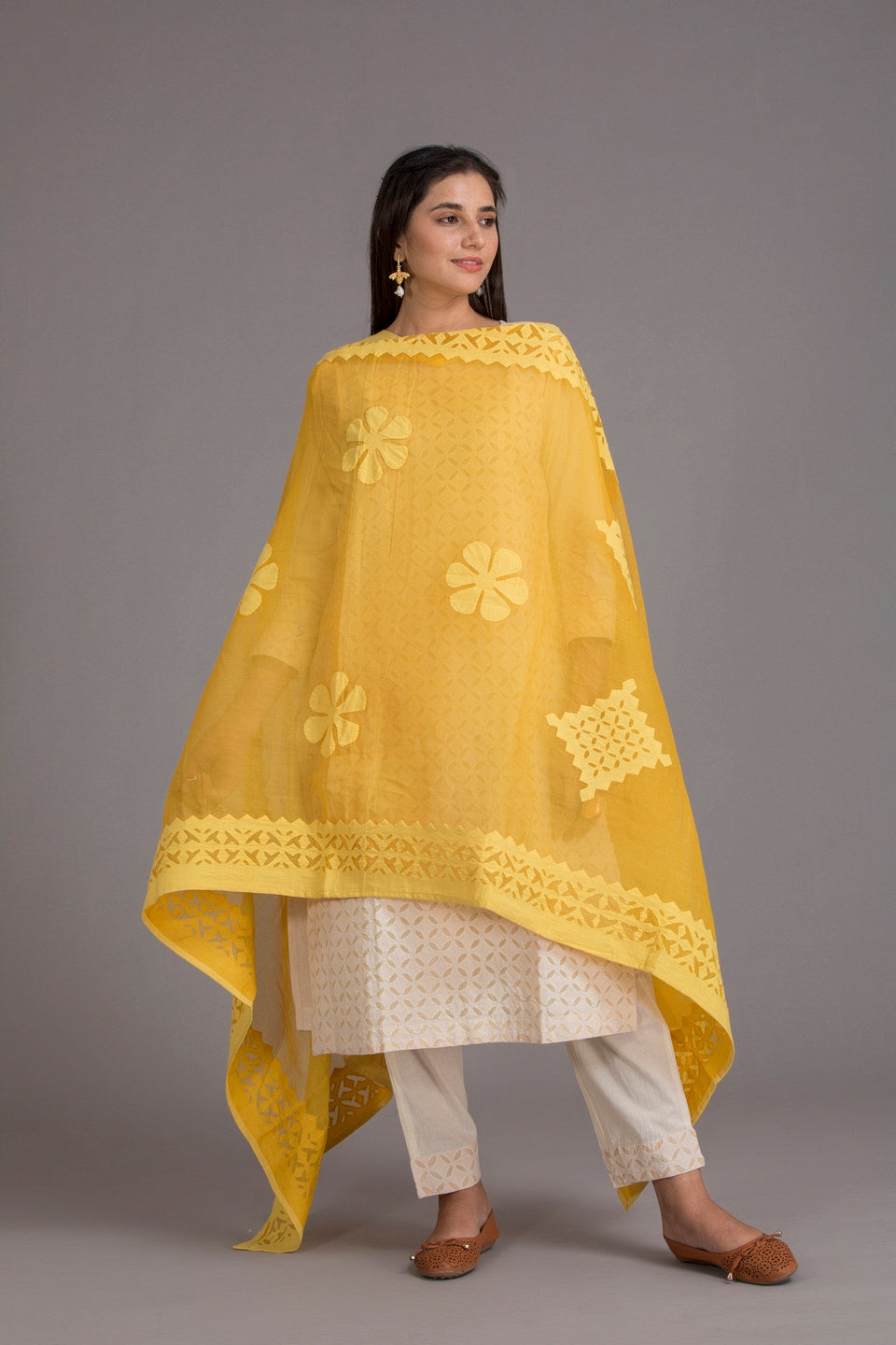 Duppatta Floral Diamond Applique Cotton with Ball Design Border, Mustard Yellow