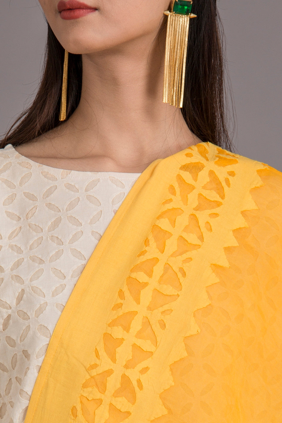 Duppatta Floral diamond Applique Cotton with Ball Design Border, Yellow