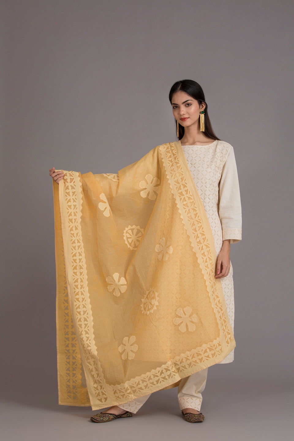 Duppatta Floral Applique Cotton with Ball Design Border, Mustard Yellow