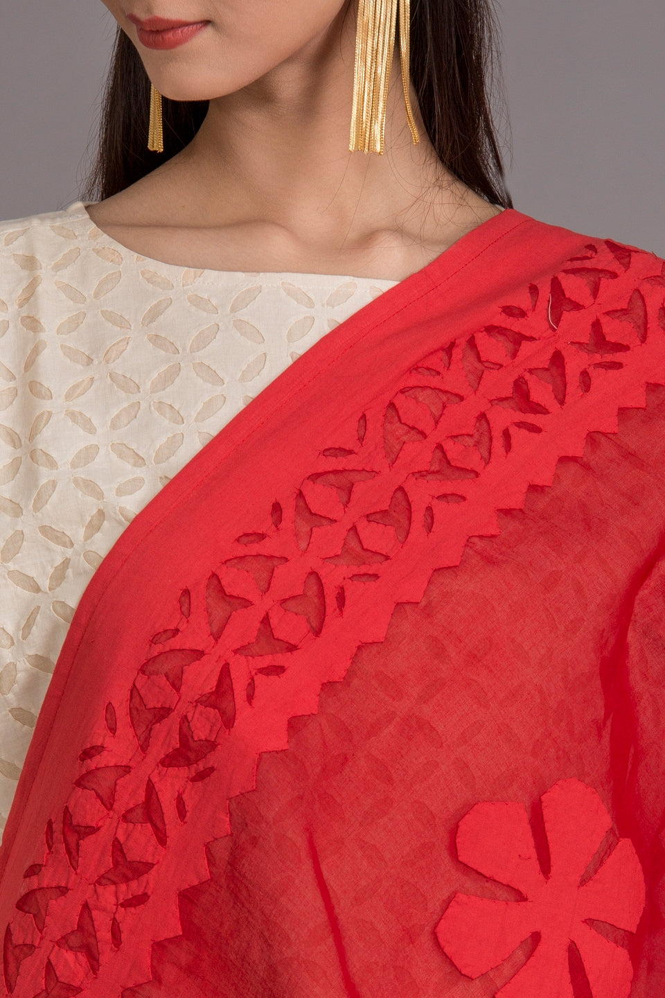 Duppatta Floral Applique Cotton with Ball Design Border, Red