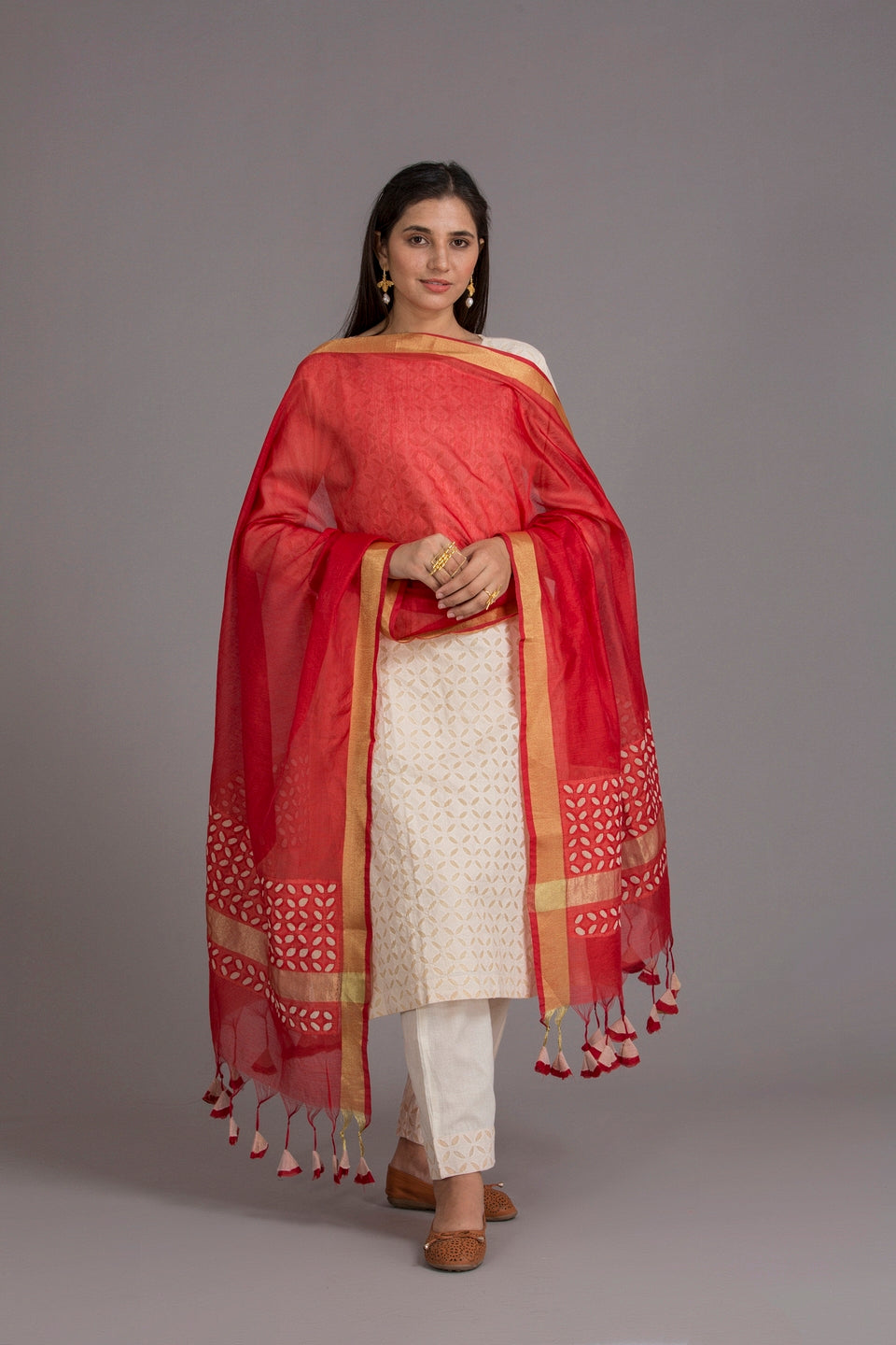 Duppatta Khuddi Design Applique Chanderi, Red