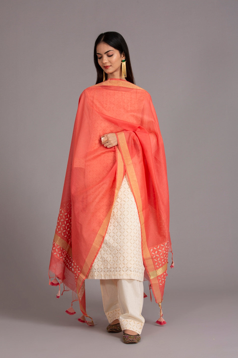 Duppatta Khuddi Design Applique Chanderi, Peach