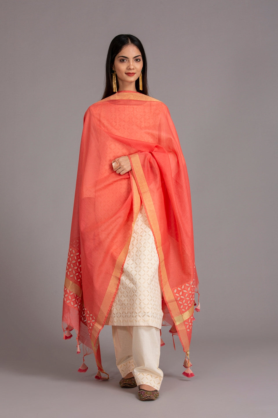 Duppatta Khuddi Design Applique Chanderi, Peach