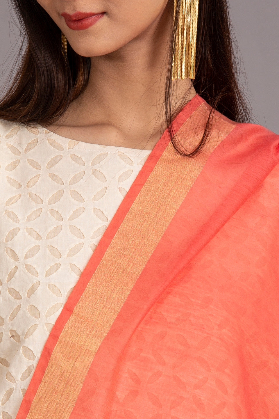 Duppatta Khuddi Design Applique Chanderi, Peach