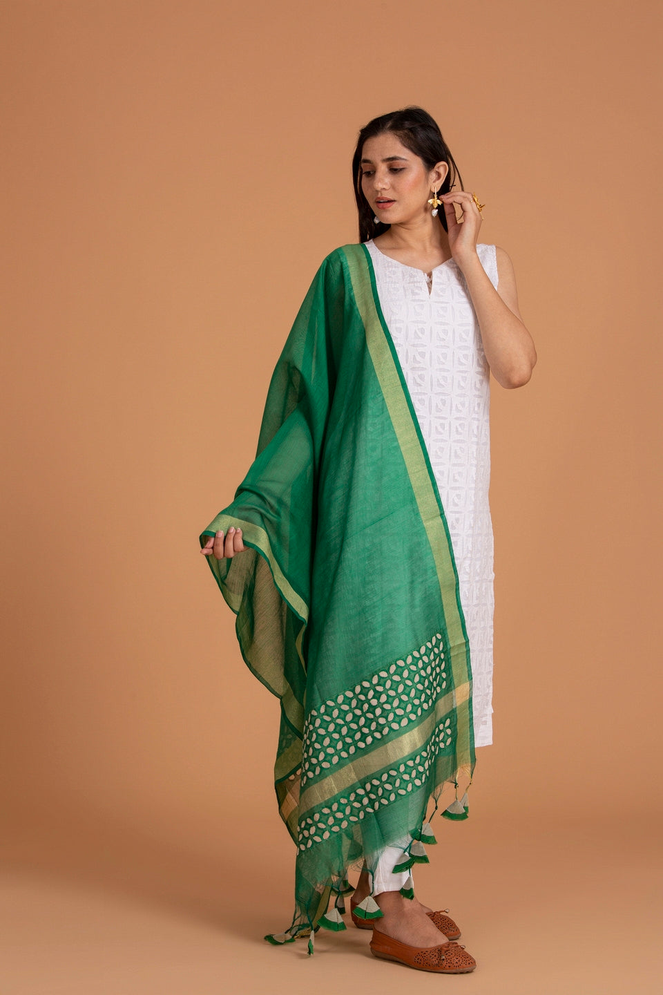 Duppatta Khuddi Design Applique Chanderi, Green