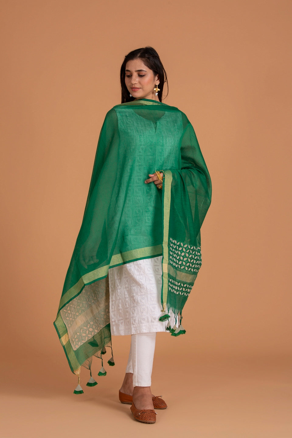 Duppatta Khuddi Design Applique Chanderi, Green