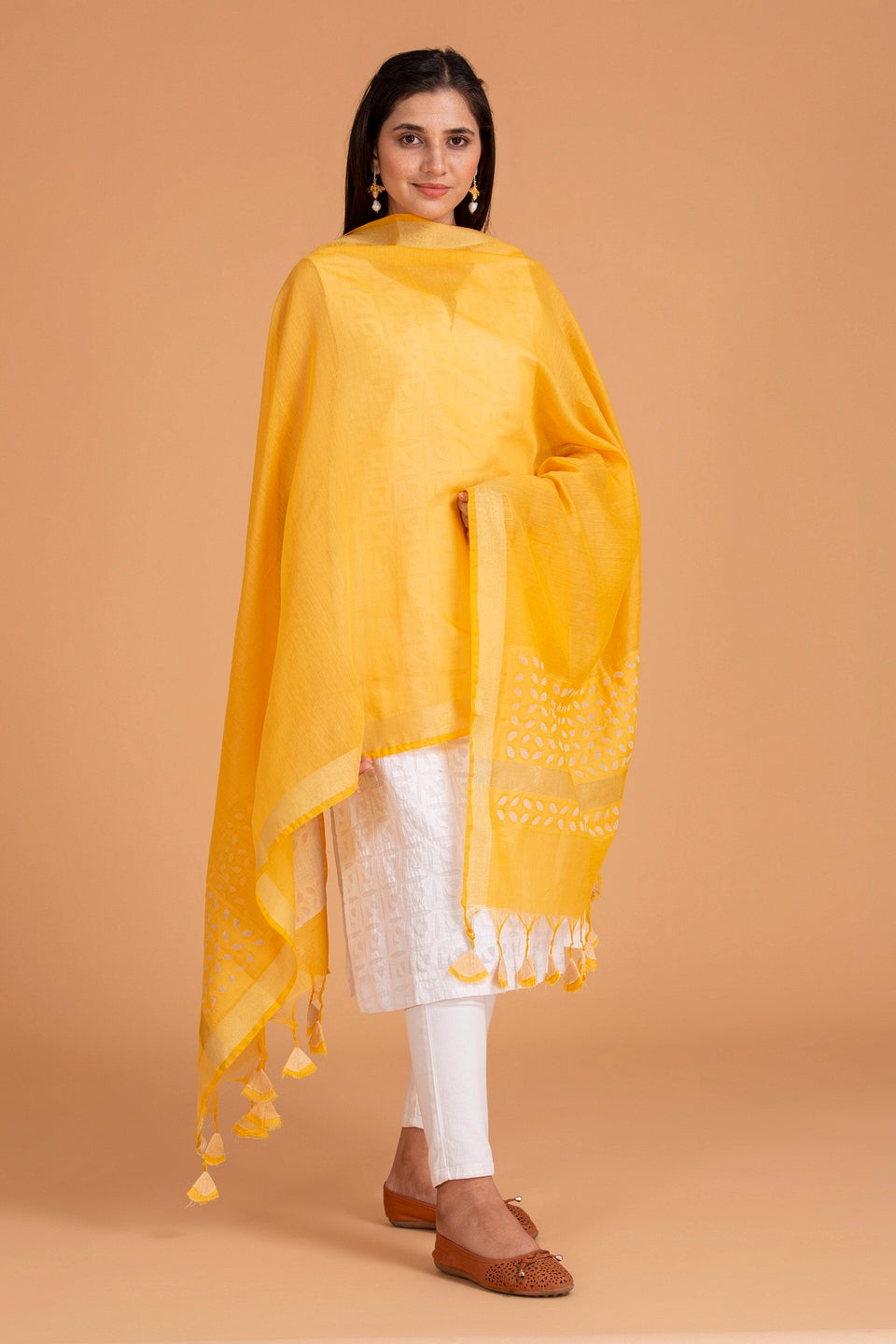 Duppatta Khuddi Design Applique Chanderi, mustard Yellow
