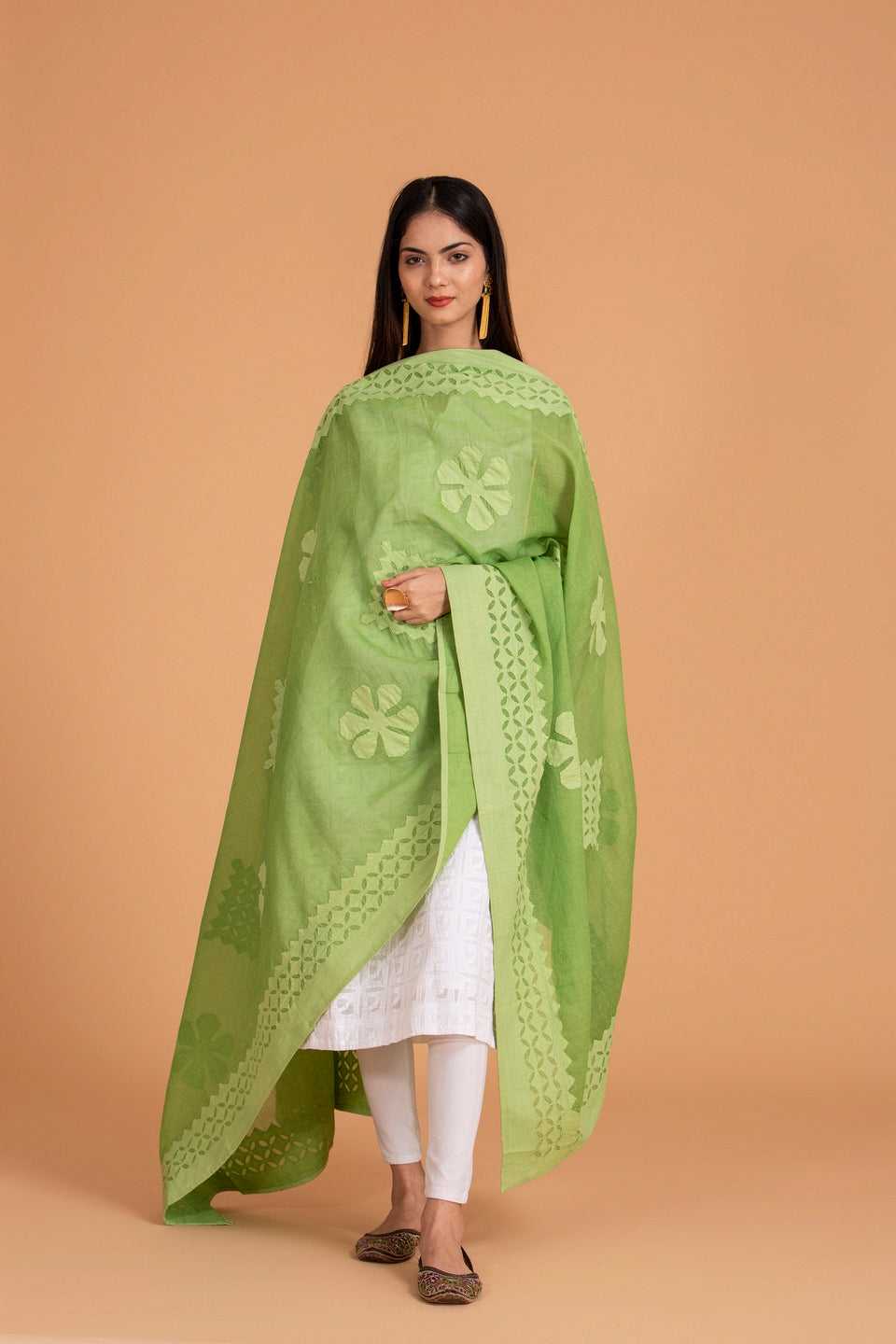 Duppatta Floral Diamond Applique Cotton with Khuddi Design Border, Light Green