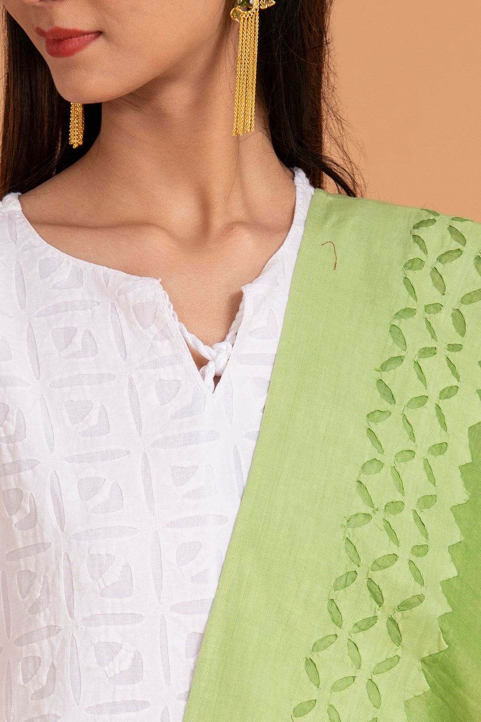 Duppatta Floral Diamond Applique Cotton with Khuddi Design Border, Light Green