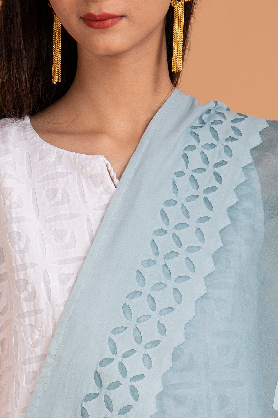 Duppatta Floral Diamond Applique Cotton with Khuddi Design Border, Grey